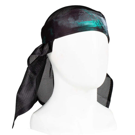 Front of HK Army Headwrap Shadow Mint Black and green patterned headscarf on a mannequin head against a white background