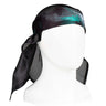 Front of HK Army Headwrap Shadow Mint Black and green patterned headscarf on a mannequin head against a white background