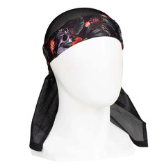 Front of HK Army Headwrap Tropical Skull Black, red, grey and green patterned headscarf on a mannequin head against a white background