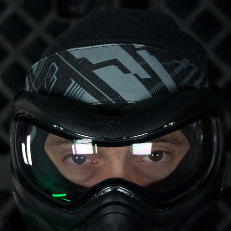 Eclipse DM Headband Beast in black grey on a person wearing a paintball goggle