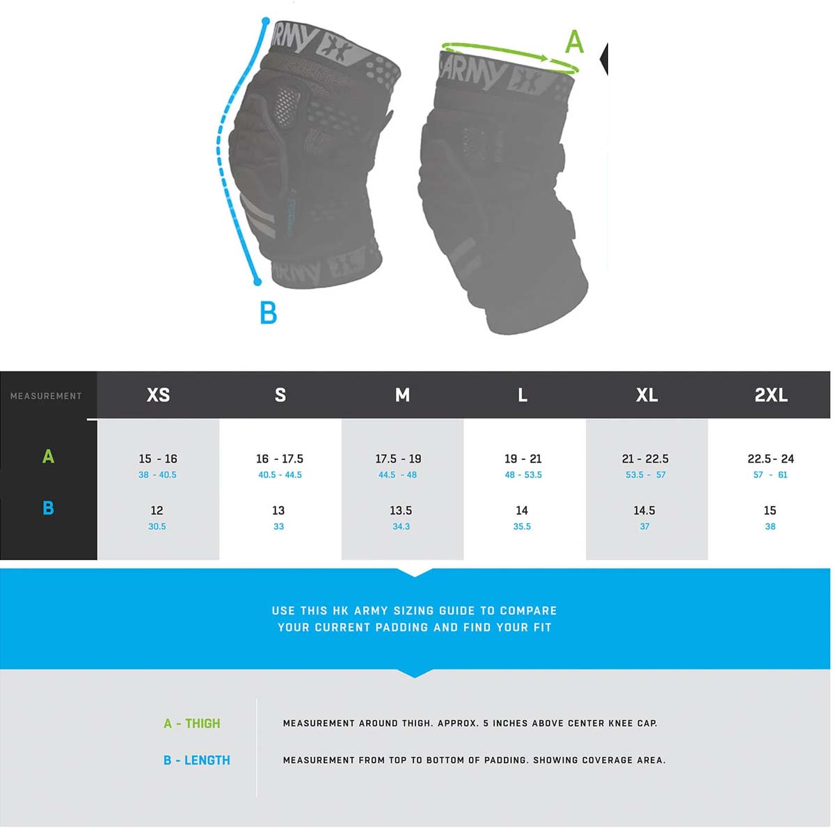 HK Army CTX Knee Pads size chart