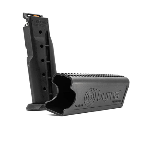 Byrna Mag Defenders on side with a 5 round magazine on a white background