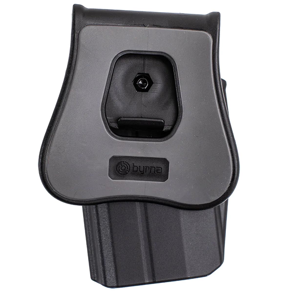 Rear view Byrna SD LE Universal Holster Level 2 w Paddle on a white background