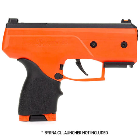 Byrna Hogue Grip Sleeve installed on an orange CL launcher on a white background
