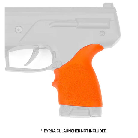 Orange Byrna Hogue Grip Sleeve installed on a CL launcher on a white background