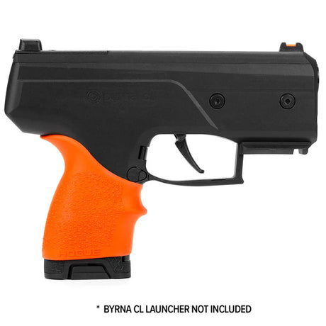Orange Byrna Hogue Grip Sleeve installed on a black CL launcher on a white background