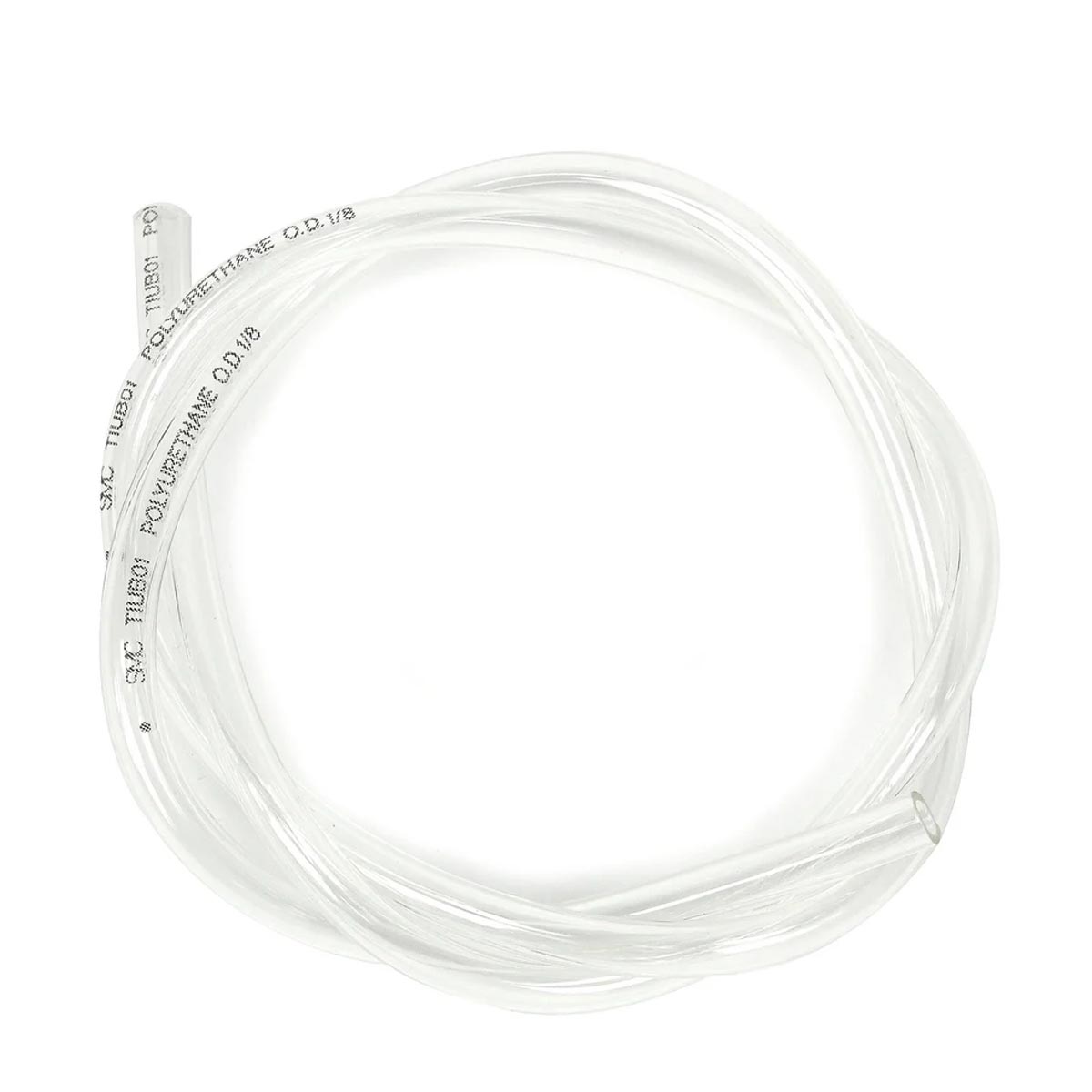 Clear plastic tube with text on a white background