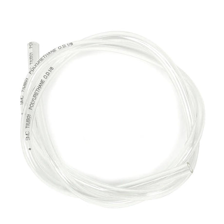 Clear plastic tube with text on a white background