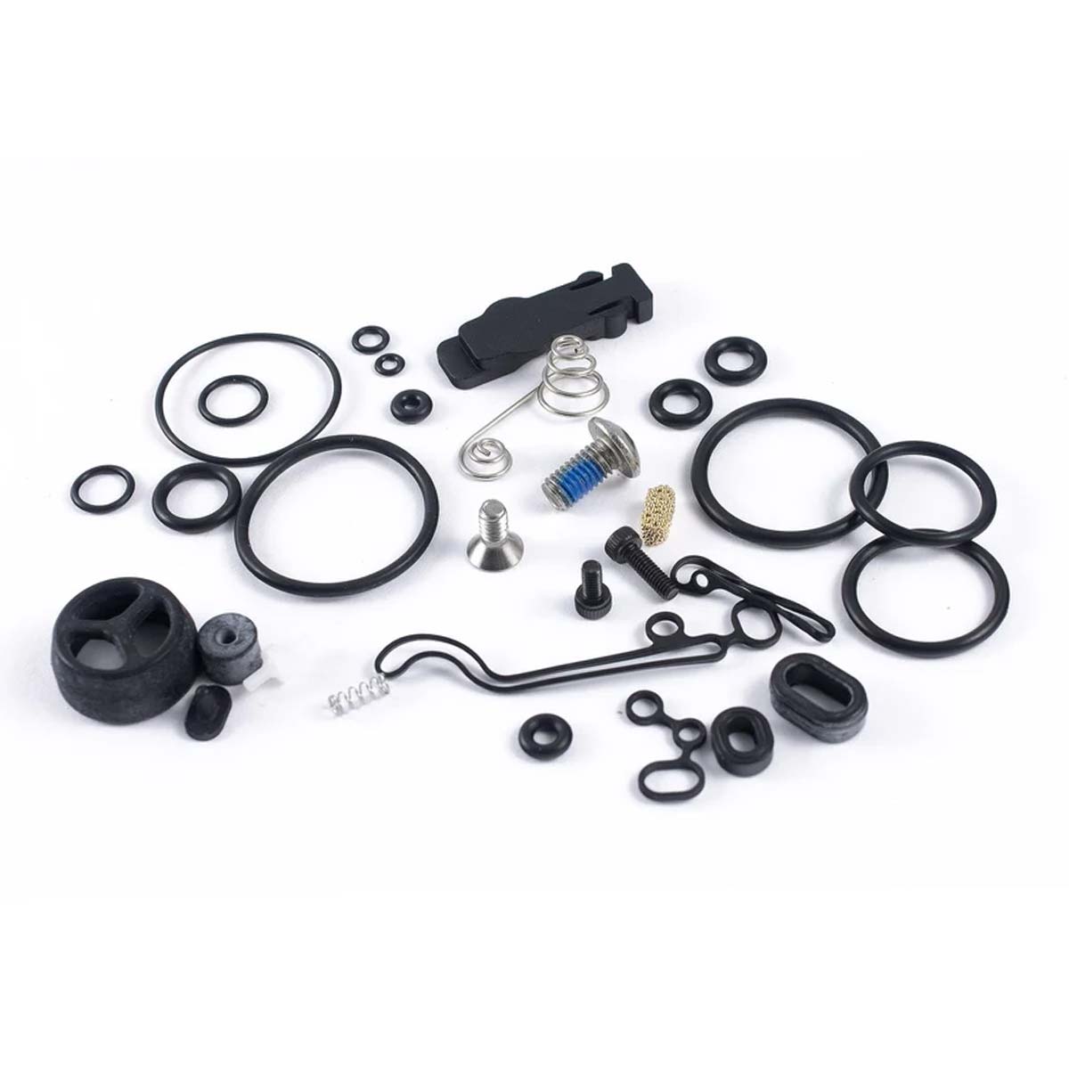 Planet Eclipse CS2 Spare Parts Bag
Part # SPA050632A00 containing various black rubber O-rings, seals, gaskets, springs, and small metal screws and pins, arranged on a plain white background.