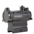 Left side angle view black AXEON 7XRGB20 Optic Tri Color Dot Sight for rifle mounting on a Picatinny rail.