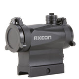 Left side angle view black AXEON 7XRGB20 Optic Tri Color Dot Sight for rifle mounting on a Picatinny rail.