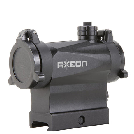 Left side angle view black AXEON 7XRGB20 Optic Tri Color Dot Sight for rifle mounting on a Picatinny rail.