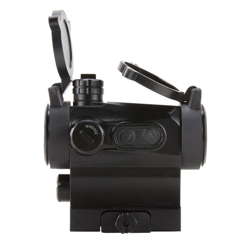 Left side view displaying windage dial cover in place, black AXEON 7XRGB20 Optic Tri Color Dot Sight for rifle mounting on a Picatinny rail with sight covers open.