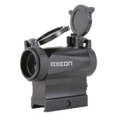Left side angle view black AXEON 7XRGB20 Optic Tri Color Dot Sight for rifle mounting on a Picatinny rail with sight covers open.