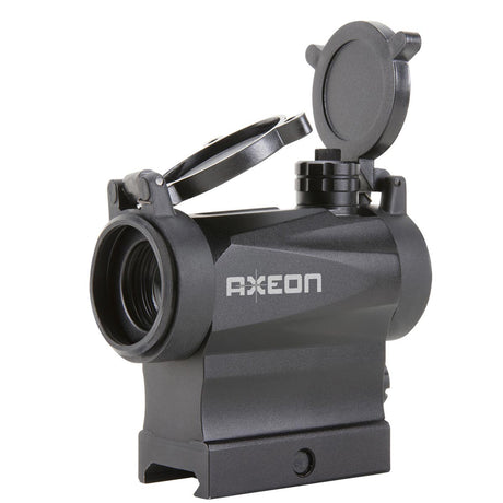 Left side angle view black AXEON 7XRGB20 Optic Tri Color Dot Sight for rifle mounting on a Picatinny rail with sight covers open.