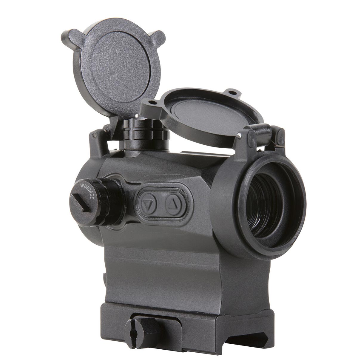 Right side angle view black AXEON 7XRGB20 Optic Tri Color Dot Sight for rifle mounting on a Picatinny rail with sight covers open.