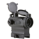 Right side angle view black AXEON 7XRGB20 Optic Tri Color Dot Sight for rifle mounting on a Picatinny rail with sight covers open.
