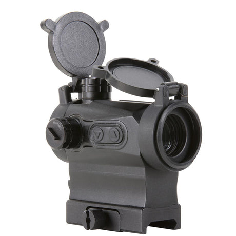 Right side angle view black AXEON 7XRGB20 Optic Tri Color Dot Sight for rifle mounting on a Picatinny rail with sight covers open.