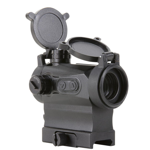 Right side angle view black AXEON 7XRGB20 Optic Tri Color Dot Sight for rifle mounting on a Picatinny rail with sight covers open.
