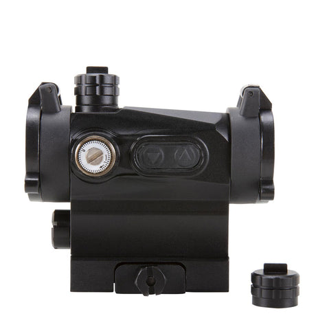 Left side view displaying windage dial black AXEON 7XRGB20 Optic Tri Color Dot Sight for rifle mounting on a Picatinny rail.