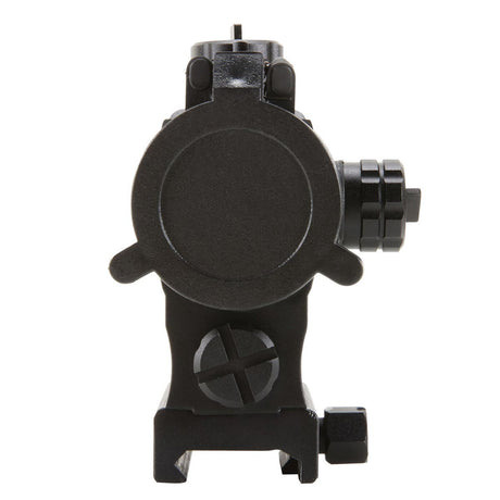 Front view black AXEON 7XRGB20 Optic Tri Color Dot Sight for rifle mounting on a Picatinny rail with sight covers closed.