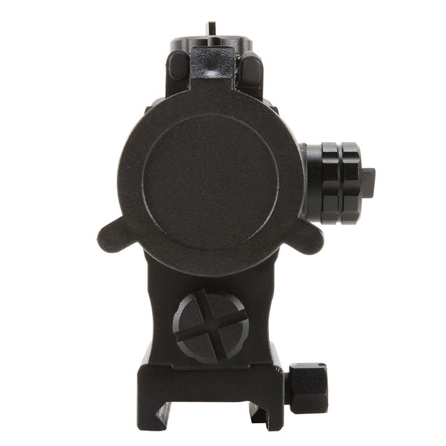 Front view black AXEON 7XRGB20 Optic Tri Color Dot Sight for rifle mounting on a Picatinny rail with sight covers closed.