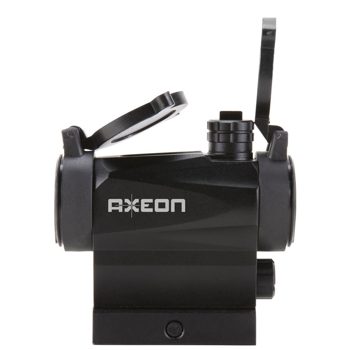 Left side view black AXEON 7XRGB20 Optic Tri Color Dot Sight for rifle mounting on a Picatinny rail with sight covers lifted.