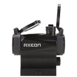 Left side view black AXEON 7XRGB20 Optic Tri Color Dot Sight for rifle mounting on a Picatinny rail with sight covers lifted.