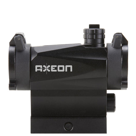 Left side view black AXEON 7XRGB20 Optic Tri Color Dot Sight for rifle mounting on a Picatinny rail.