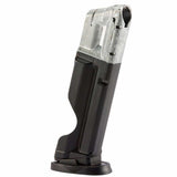 Right angle of black and silver T4E S&W M&P9 .43 Cal 8rd CO2 Paintball Magazine on a white background