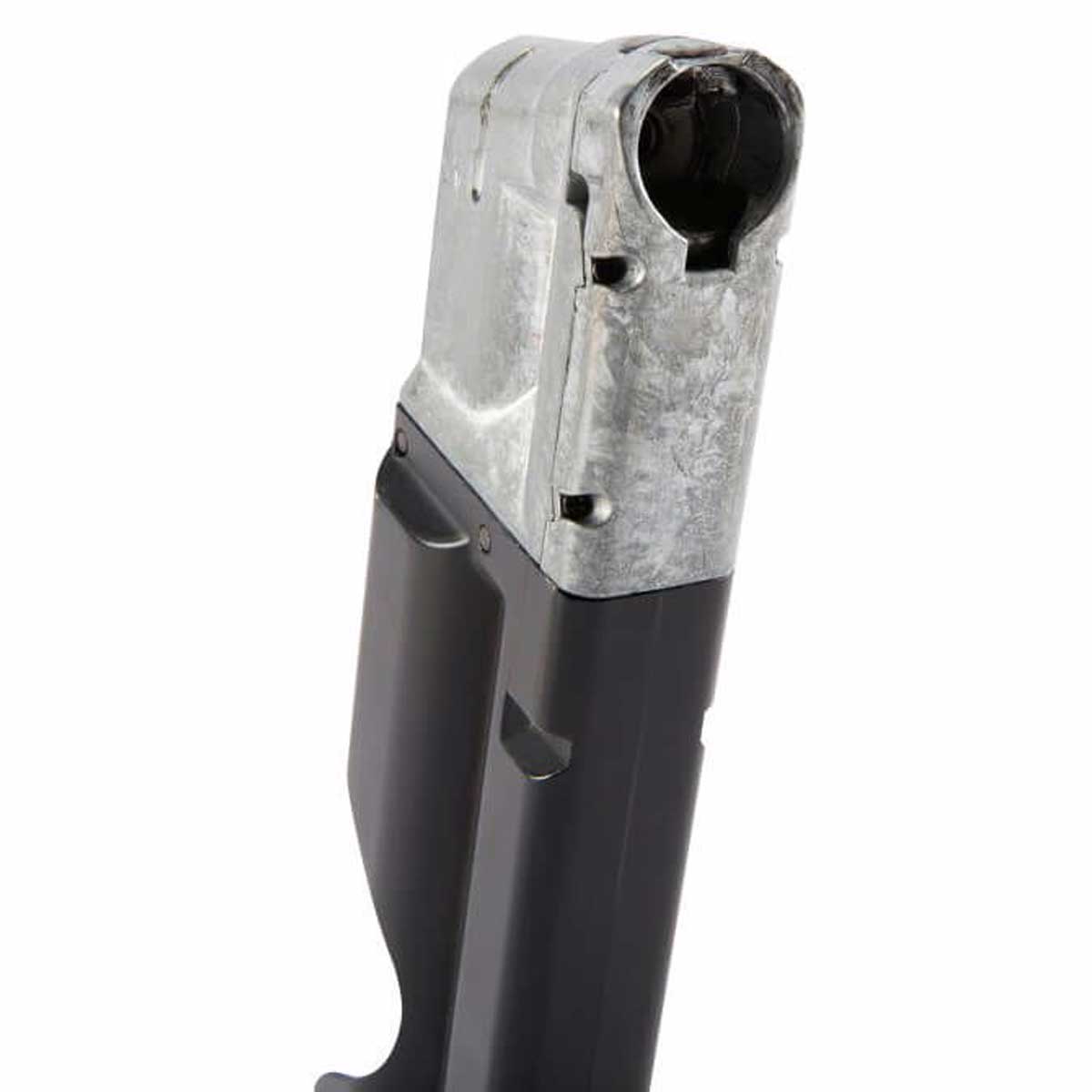 Close up of top of black and silver T4E S&W M&P9 .43 Cal 8rd CO2 Paintball Magazine on a white background