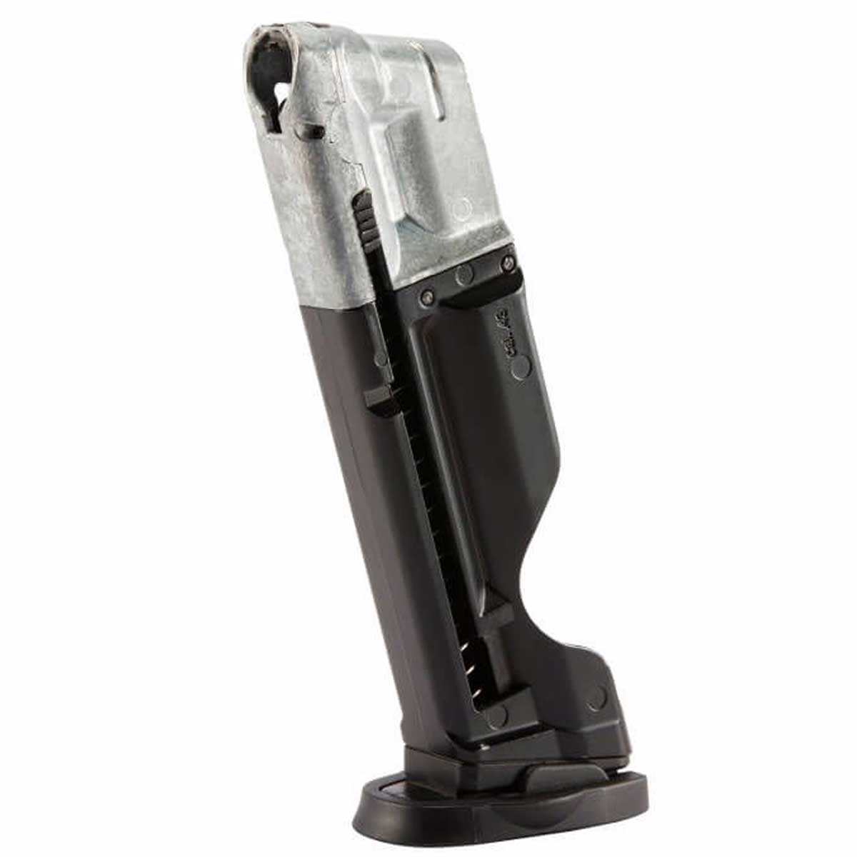 Left angle of black and silver T4E S&W M&P9 .43 Cal 8rd CO2 Paintball Magazine on a white background