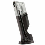 Left angle of black and silver T4E S&W M&P9 .43 Cal 8rd CO2 Paintball Magazine on a white background