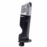 Right front angle black and silver T4E S&W M&P9 .43 Cal 8rd CO2 Quick Pierce Paintball Magazine on a white background