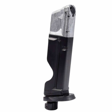 Right front angle black and silver T4E S&W M&P9 .43 Cal 8rd CO2 Quick Pierce Paintball Magazine on a white background