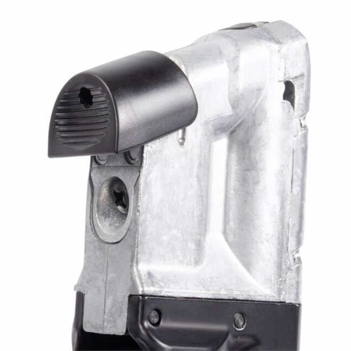 Close up of the back of the top side black and silver T4E S&W M&P9 .43 Cal 8rd CO2 Quick Pierce Paintball Magazine on a white background