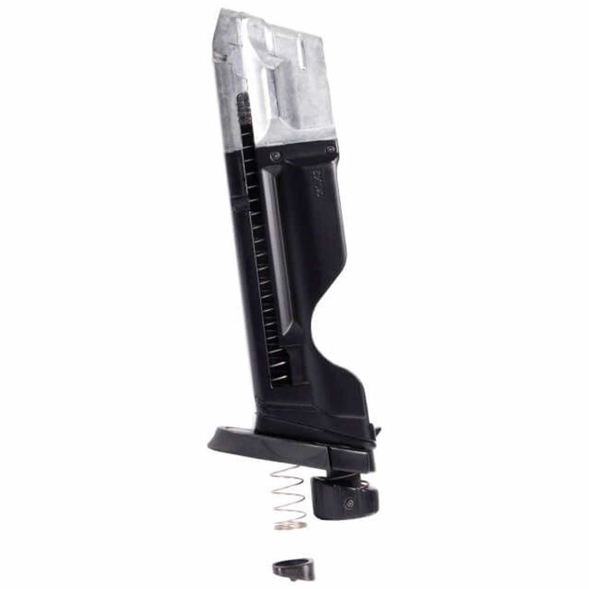 Left side black and silver T4E S&W M&P9 .43 Cal 8rd CO2 Quick Pierce Paintball Magazine with spring visible on a white background