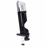 Left side black and silver T4E S&W M&P9 .43 Cal 8rd CO2 Quick Pierce Paintball Magazine with spring visible on a white background
