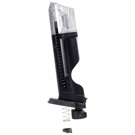 Left side black and silver T4E S&W M&P9 .43 Cal 8rd CO2 Quick Pierce Paintball Magazine with spring visible on a white background