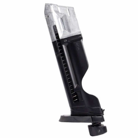 Left side black and silver T4E S&W M&P9 .43 Cal 8rd CO2 Quick Pierce Paintball Magazine on a white background