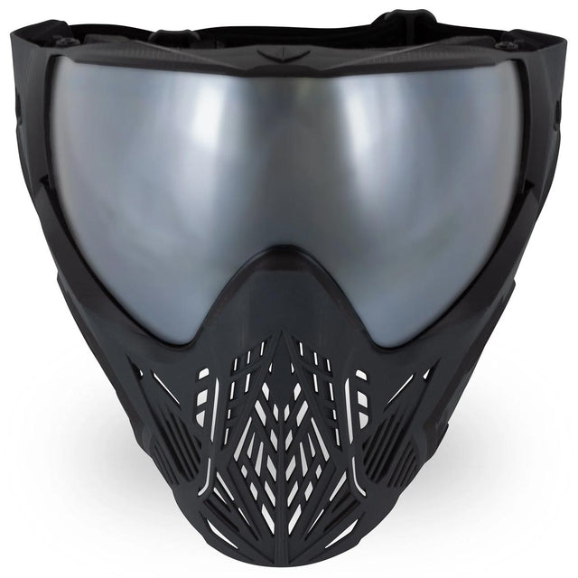 Front of Black paintball mask with a silver lens Bunkerkings CMD Goggle Black Carbon on a white background
