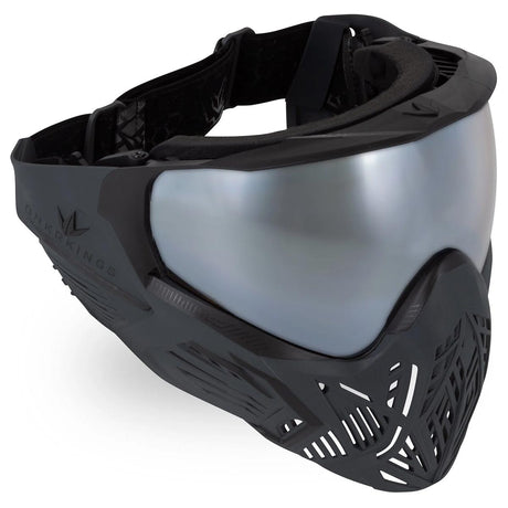 Top down angle Black paintball mask with a silver lens Bunkerkings CMD Goggle Black Carbon on a white background