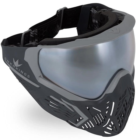 Top angle Black with grey accents and a silver lens Bunkerkings CMD Goggle Black Panther for paintball on a white background