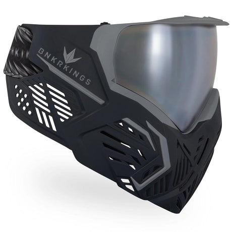 right side Black with grey accents and a silver lens Bunkerkings CMD Goggle Black Panther for paintball on a white background