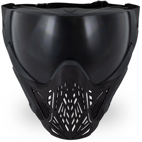 Front of Black paintball mask with a black lens Bunkerkings CMD Goggle Pitch Black on a white background