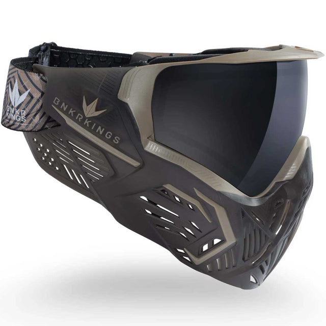 Right side Dark brown with tan accents Bunkerkings CMD paintball mask Black Desert on a white background