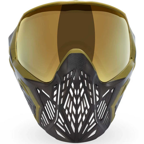 Front of Black with gold accents paintball mask with gold lens Bunkerkings CMD Goggle Black Gold on a white background