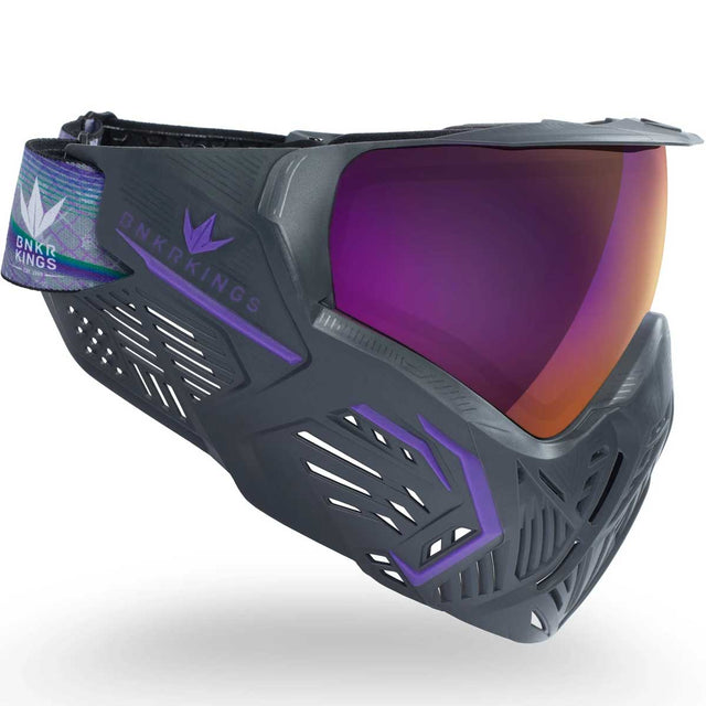 Side view Purple and dark grey with a purple mirror lens Bunkerkings CMD paintball mask Aurora Gray on a white background