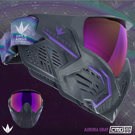 graphic of Purple and dark grey with a purple mirror lens Bunkerkings CMD paintball Goggle Aurora Gray on a patterned background