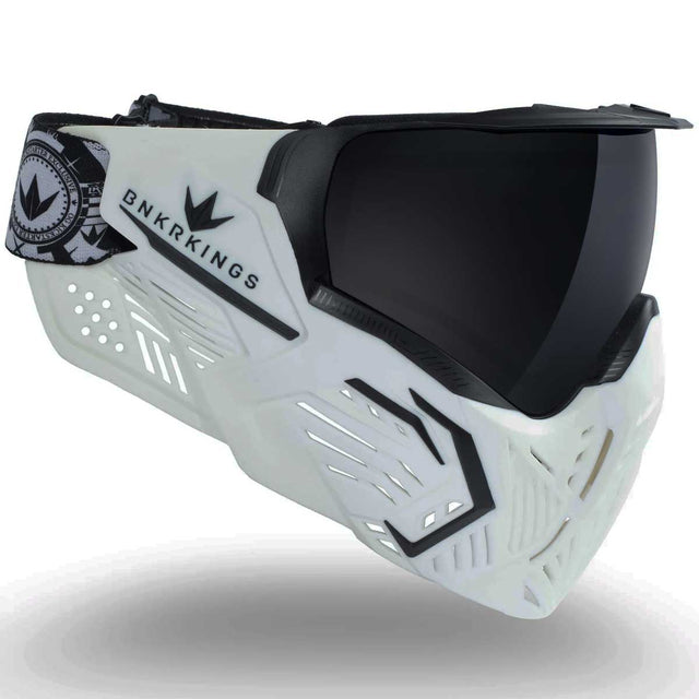 Right side of White with black accents and black lens Bunkerkings CMD Goggle Shock Trooper on a white background